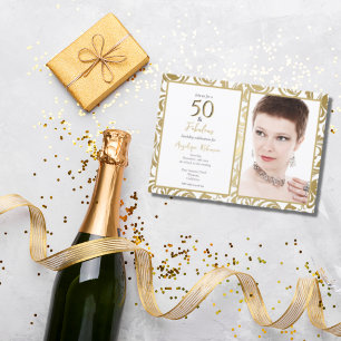 Invitación Elegante 50 & Fabulosas Hojas Doradas Decorativas
