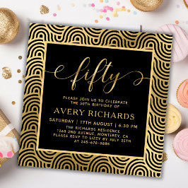 Invitación Elegante 50 Script Negro y Oro 50 cumpleaños