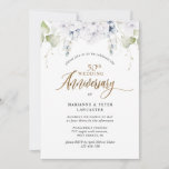 Invitación Elegante 50° (u otro) aniversario Boda<br><div class="desc">Celebra la alegría de tu boda aniversario con esta hermosa y elegante invitación de aniversario! Capacidad de añadir cualquier número de aniversario que necesite. Diseño con una exquisita vegetación acuática y flores blancas con un poco de tonos azules que enmarcan los detalles del aniversario. Su frase "aniversario número Boda" en...</div>