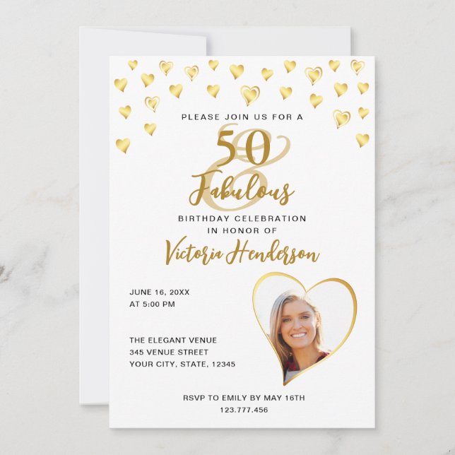 Invitación Elegante 50 y fabuloso cumpleaños blanco y dorado (Anverso)