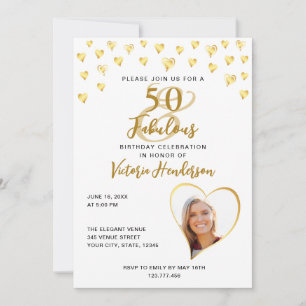 Invitación Elegante 50 y fabuloso cumpleaños blanco y dorado