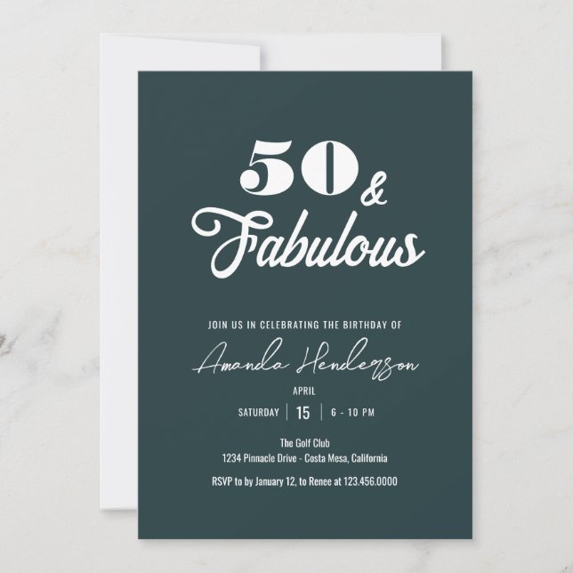 Invitación Elegante 50 y fabuloso cumpleaños de mujeres (Anverso)