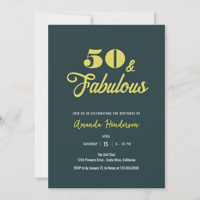 Invitación Elegante 50 y fabuloso cumpleaños de mujeres (Anverso)