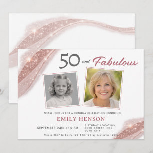 Invitación Elegante 50 y Fabuloso Cumpleaños en Foto de Oro R