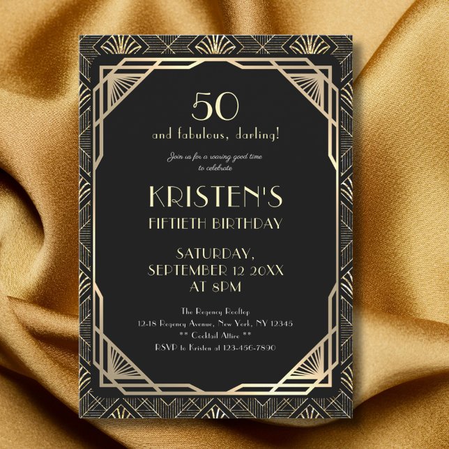 Invitación Elegante 50 y fabuloso cumpleaños negro y oro (Subido por el creador)