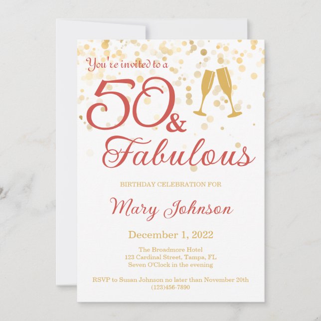 Invitación Elegante 50 y fabuloso cumpleaños Purpurina de oro (Anverso)