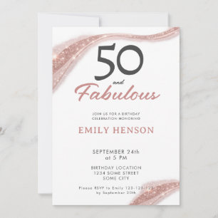 Invitación Elegante 50 y Fabuloso Cumpleaños Rosa Dorado