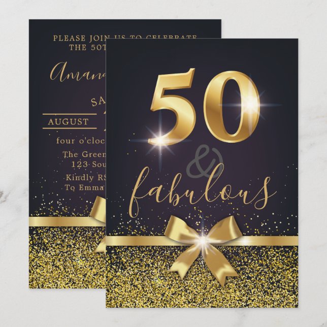Invitación Elegante 50 y fabuloso Purpurina Gold 50 cumpleaño (Anverso / Reverso)