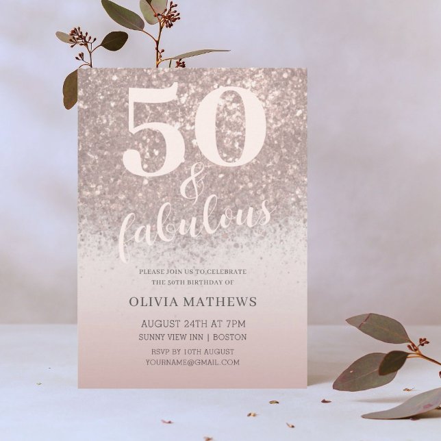 Invitación Elegante 50 y fabuloso Rosa de oro Purpurina cumpl (Subido por el creador)