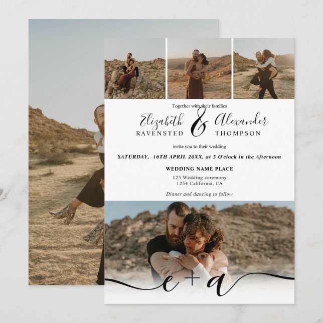 Invitación Elegante 5 Fotos boda de escritura moderna blanco  (Anverso / Reverso)