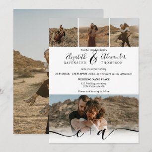 Invitación Elegante 5 Fotos boda de escritura moderna blanco 