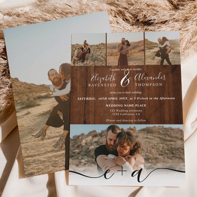 Invitación Elegante 5 Fotos escritura moderna boda madera rús (Elegant 5 Photos modern script wedding rustic wood Invitation)