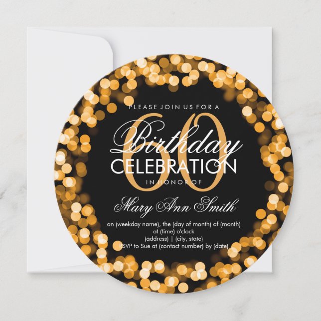 Invitación Elegante 60º cumpleaños, luces espumosas Gold (Anverso)