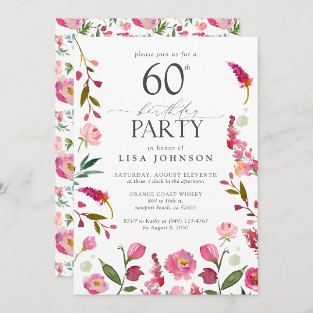 Invitación Elegante 60.ª acuarela rosa Floral cumpleaños (Anverso / Reverso)
