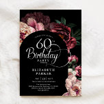Invitación Elegante 60.º cumpleaños Borgoña Peonies rosados<br><div class="desc">Elegante floral 60 cumpleaños de invitación. Hermoso diseño elegante con acentos botánicos. Presenta peonías borgoñosas y rosadas, rosas con fondo morado oscuro y tipografía de escritura a la moda. Puede seleccionar invitaciones impresas y/o una plantilla digital de descarga instantánea. Personaliza con tus propios detalles. Perfecto para una elegante celebración del...</div>
