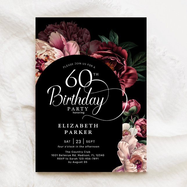 Invitación Elegante 60.º cumpleaños Borgoña Peonies rosados (Subido por el creador)