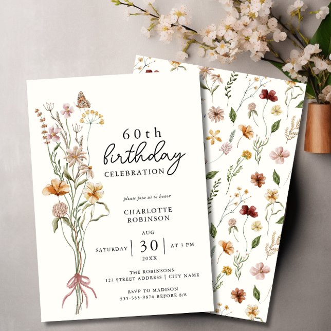 Invitación Elegante 60.º cumpleaños floral (Subido por el creador)