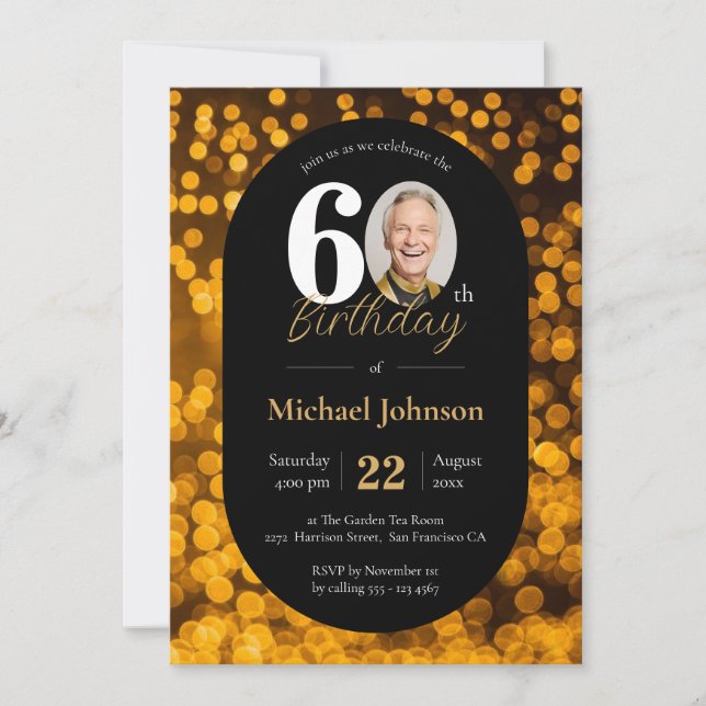 Invitación Elegante 60.º cumpleaños Personalizado negro de or (Anverso)