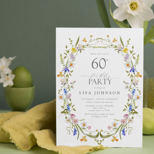 Invitación Elegante 60.º Nacimiento Fiesta Floral acuarela (Easily personalize this beautiful birthday invitation for a memorable milestone!)