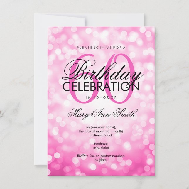 Invitación Elegante 60.º partido de cumpleaños luces rosadas  (Anverso)