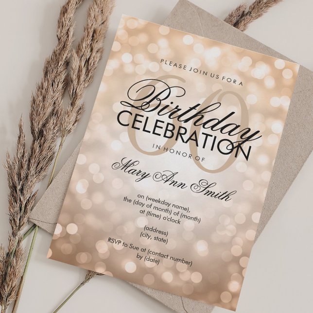 Invitación Elegante 60° Purpurina de copper del partido de cu (Elegant 60th Birthday Party Copper Glitter Lights Invitation)