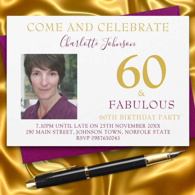 Invitación Elegante 60 y fabuloso cumpleaños Photo 60 (60 & Fabulous elegant burgundy and gold 60th birthday party invitation with photo template)