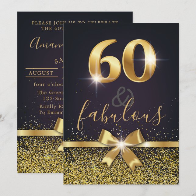 Invitación Elegante 60 y fabuloso Purpurina de oro 60 cumplea (Anverso / Reverso)