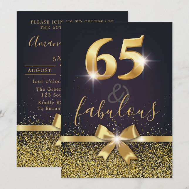 Invitación Elegante 65 y fabuloso Purpurina de oro 65º cumple (Anverso / Reverso)