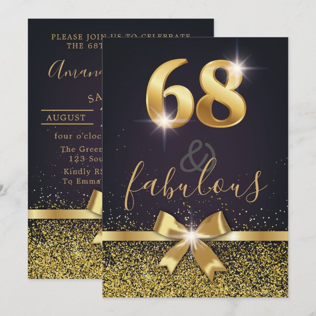 Invitación Elegante 68 y fabuloso Purpurina de oro 68 cumplea (Anverso / Reverso)