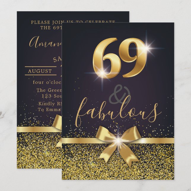 Invitación Elegante 69 y fabuloso Purpurina de oro 69 cumplea (Anverso / Reverso)
