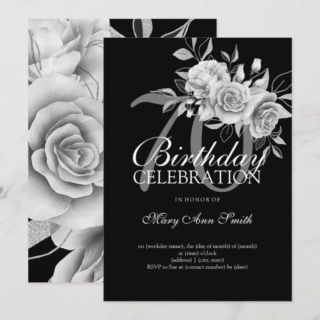 Invitación Elegante 70º cumpleaños Silver Floral (Anverso / Reverso)