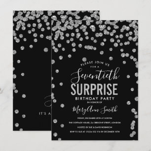Invitación Elegante 70.ª sorpresa cumpleaños plateado negro