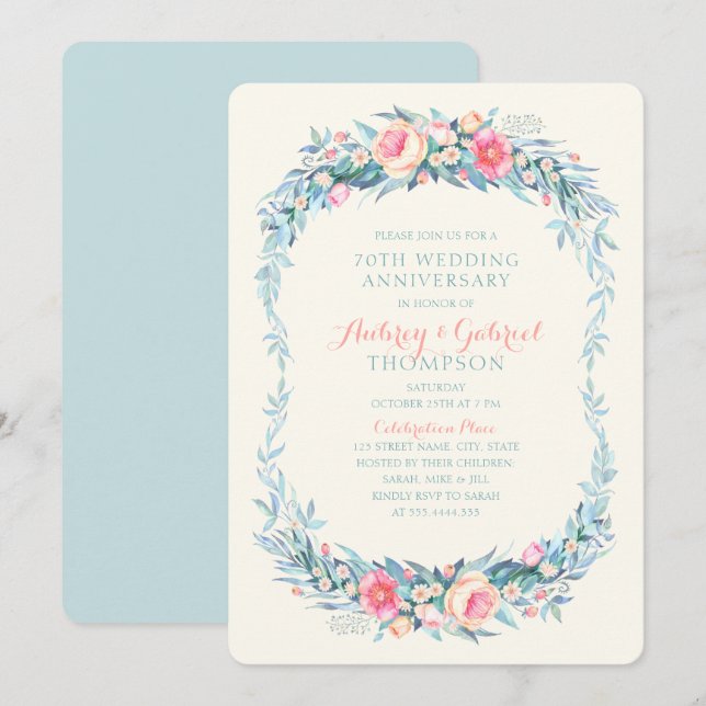 Invitación Elegante 70° Aniversario Boda Primavera Floral (Anverso / Reverso)
