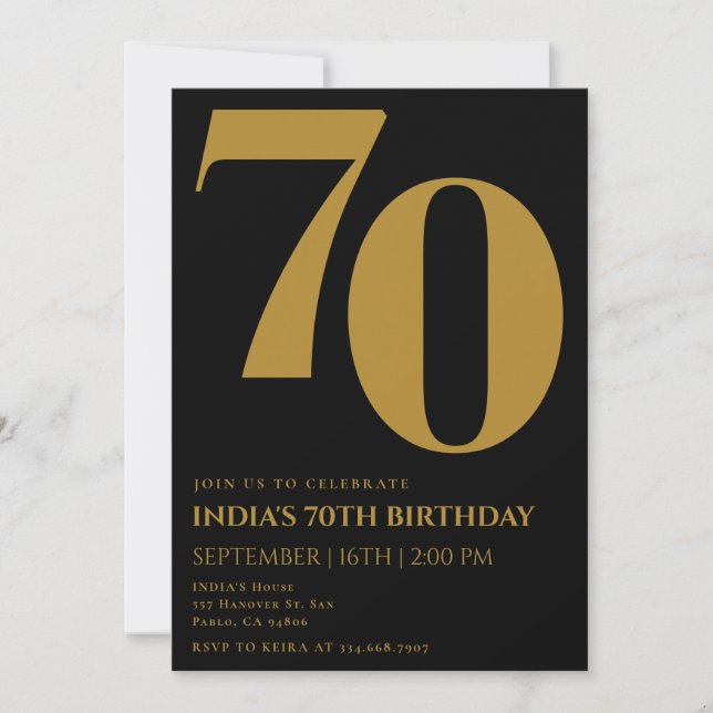 Invitación Elegante 70 años de negro y oro (Anverso)