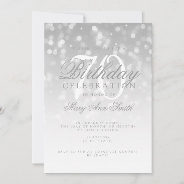 Invitación Elegante 70 años luz de espuma de bokeh plateado (Anverso)