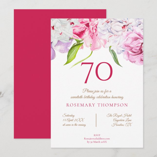 Invitación Elegante 70 cumpleaños fiesta floral Peonies rosa (Anverso / Reverso)
