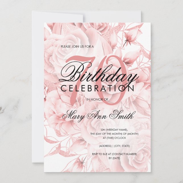 Invitación Elegante 70 cumpleaños fiesta floral Rosa de oro (Anverso)