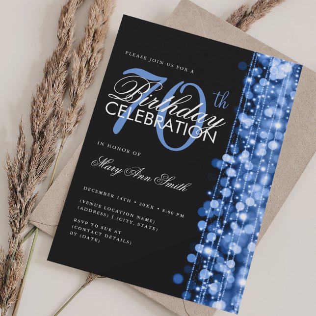 Invitación Elegante 70 cumpleaños Glam Sparkles Navy (Elegant 70th Birthday Glam Sparkles Navy Invitation)