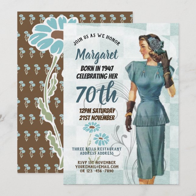 Invitación Elegante 70 cumpleaños Invite a la mujer de RETRO  (Anverso / Reverso)