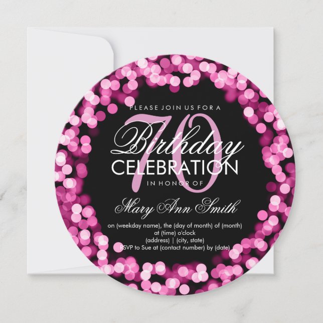 Invitación Elegante 70° cumpleaños luces de destello rosadas (Anverso)