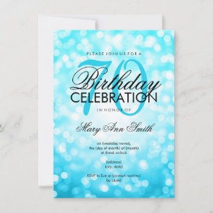 Invitación Elegante 70° cumpleaños luces turquesa Purpurina