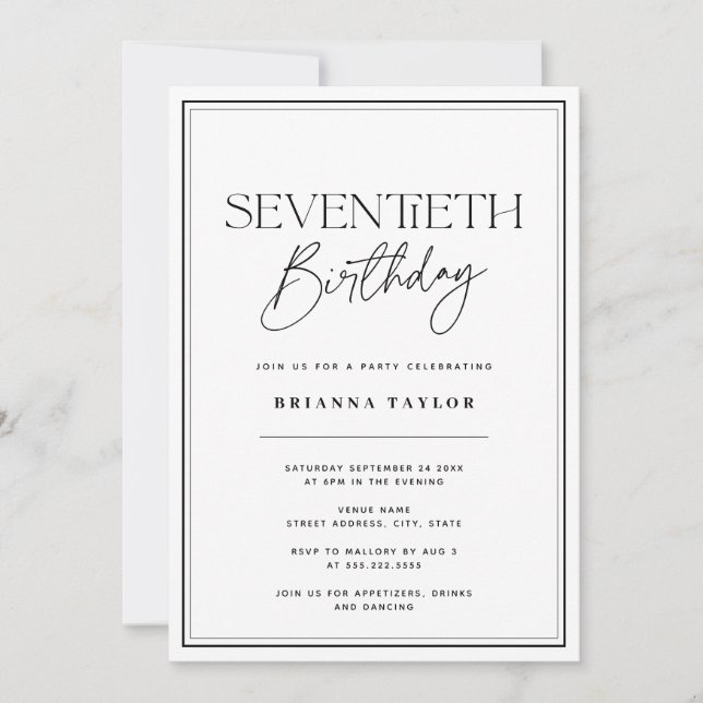 Invitación Elegante 70 cumpleaños negro y blanco (Anverso)