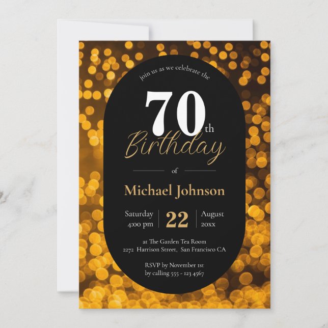 Invitación Elegante 70 cumpleaños oro negro Personalizado sim (Anverso)