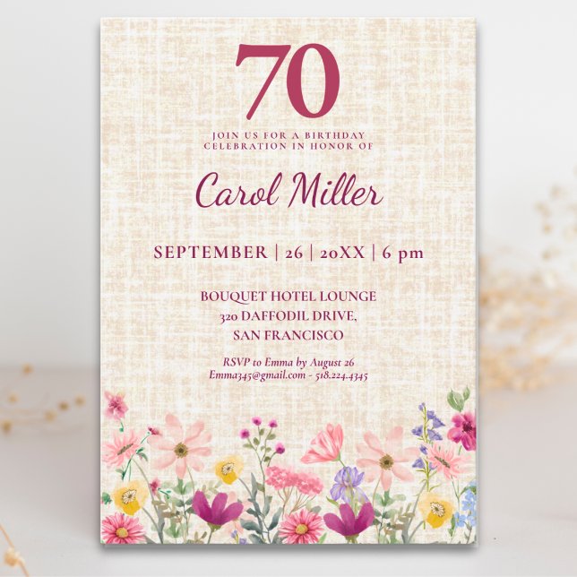 Invitación Elegante 70 cumpleaños para ella - Flores de lino (Subido por el creador)