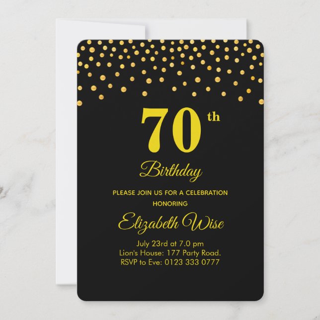 Invitación Elegante 70 cumpleaños y confeti dorado sobre negr (Anverso)