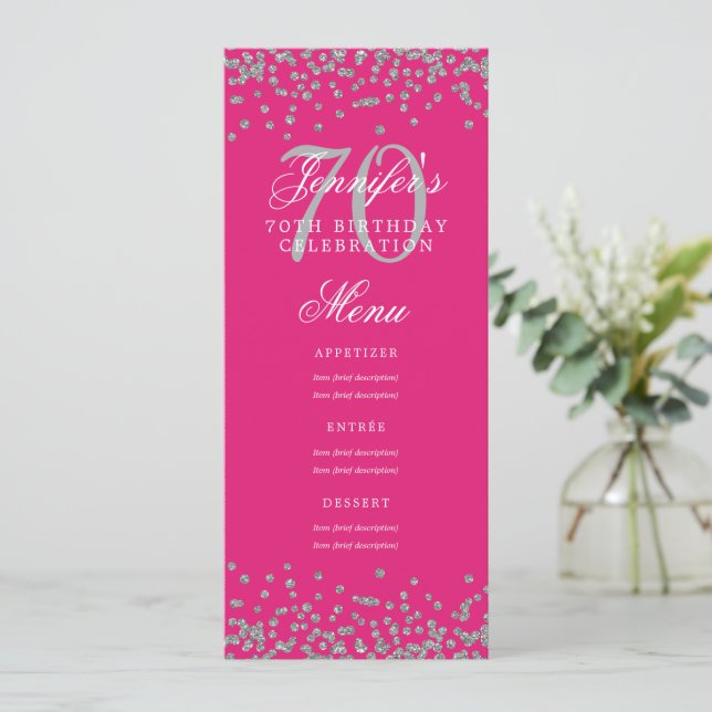 Invitación Elegante 70 Menú de cumpleaños Plata Confetti Rosa (Anverso de pie)