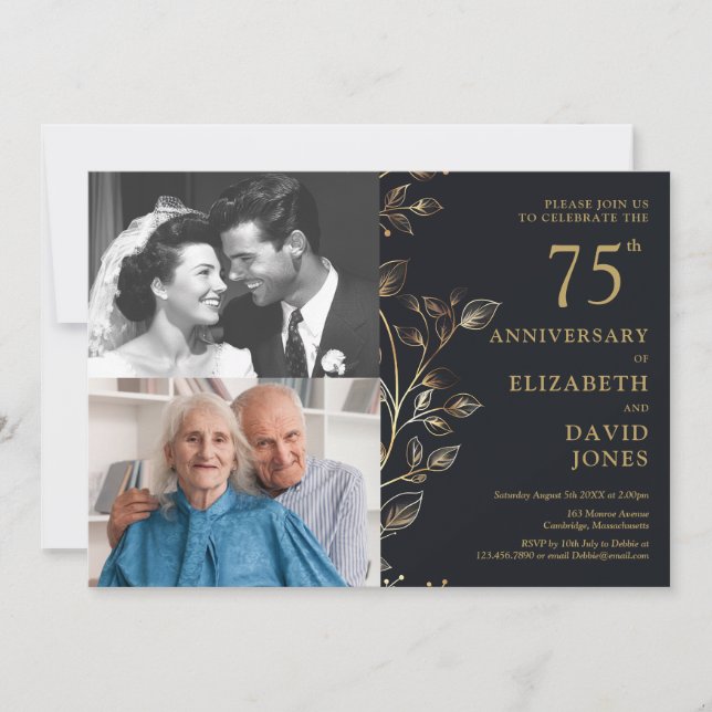 Invitación Elegante 75º Aniversario Boda 2 Foto (Anverso)