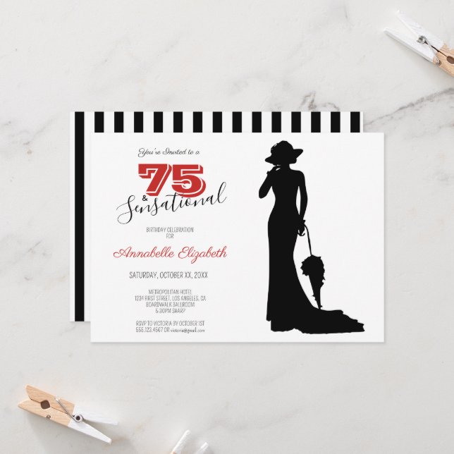 Invitación Elegante 75º cumpleaños rojo/negro 75 y SENSACIONA (Anverso/Reverso In Situ)