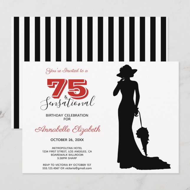 Invitación Elegante 75º cumpleaños rojo/negro 75 y SENSACIONA (Anverso / Reverso)