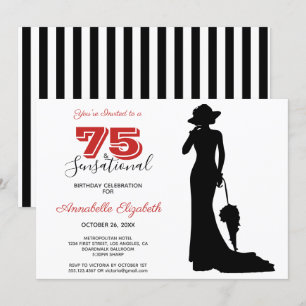 Invitación Elegante 75º cumpleaños rojo/negro 75 y SENSACIONA